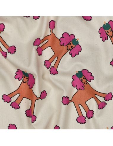 Tissu popeline de coton Jennifer Bouron - Chiens rose sur fond naturel